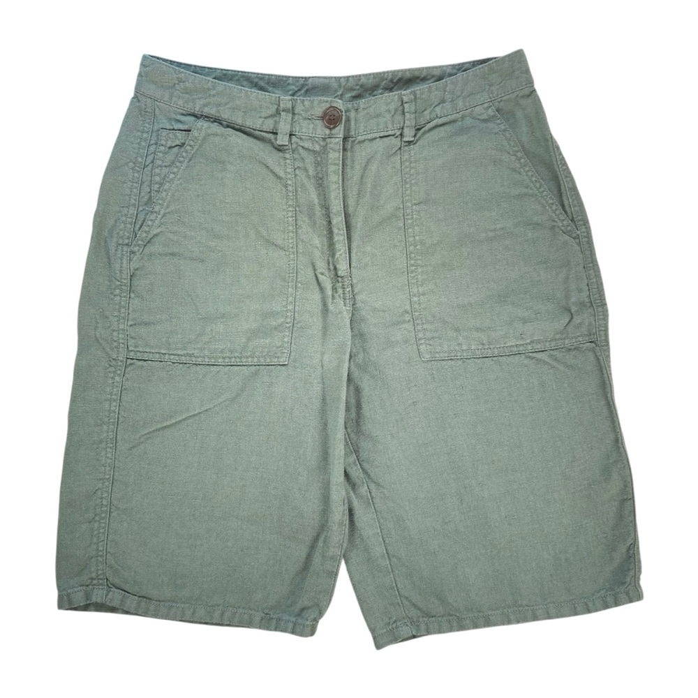 L.L. Bean 100% Linen Shorts Womens Size 10 Green High Rise Bermuda Cargo Bottoms